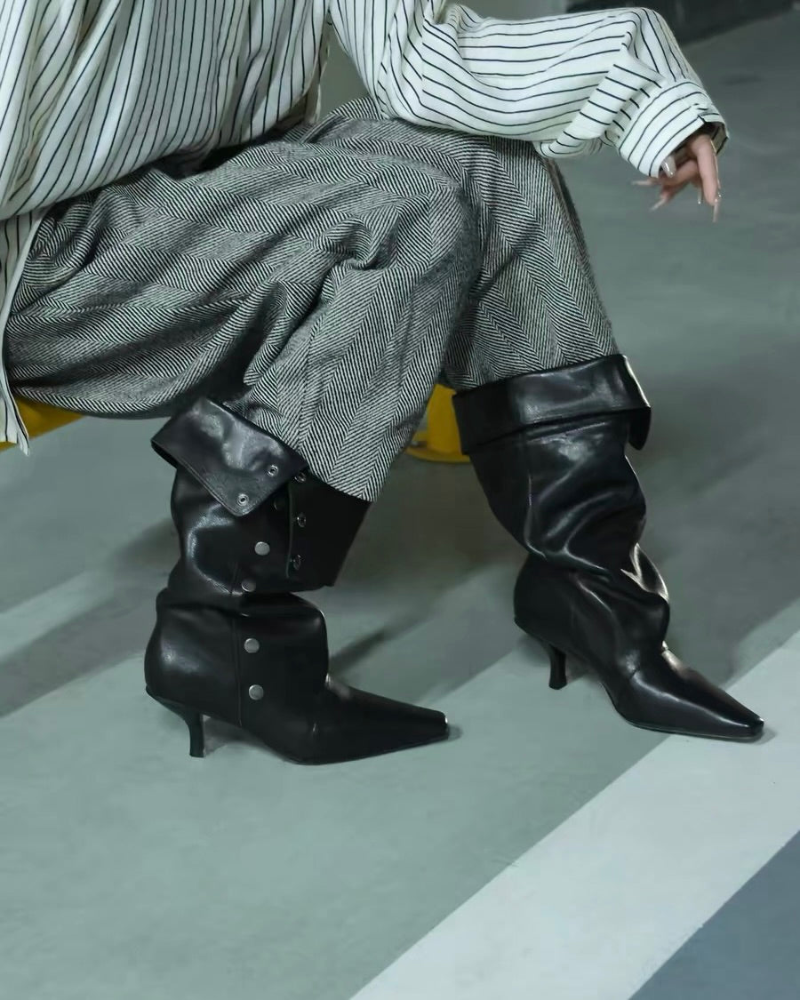 Studded Fold-Over Mid-Calf Boots