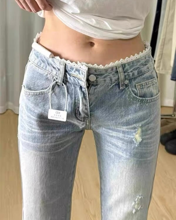Lace Trim Low Rise Jeans