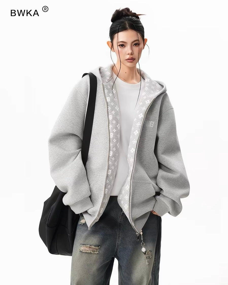 Oversized Pattern-Lined Zip Hoodie