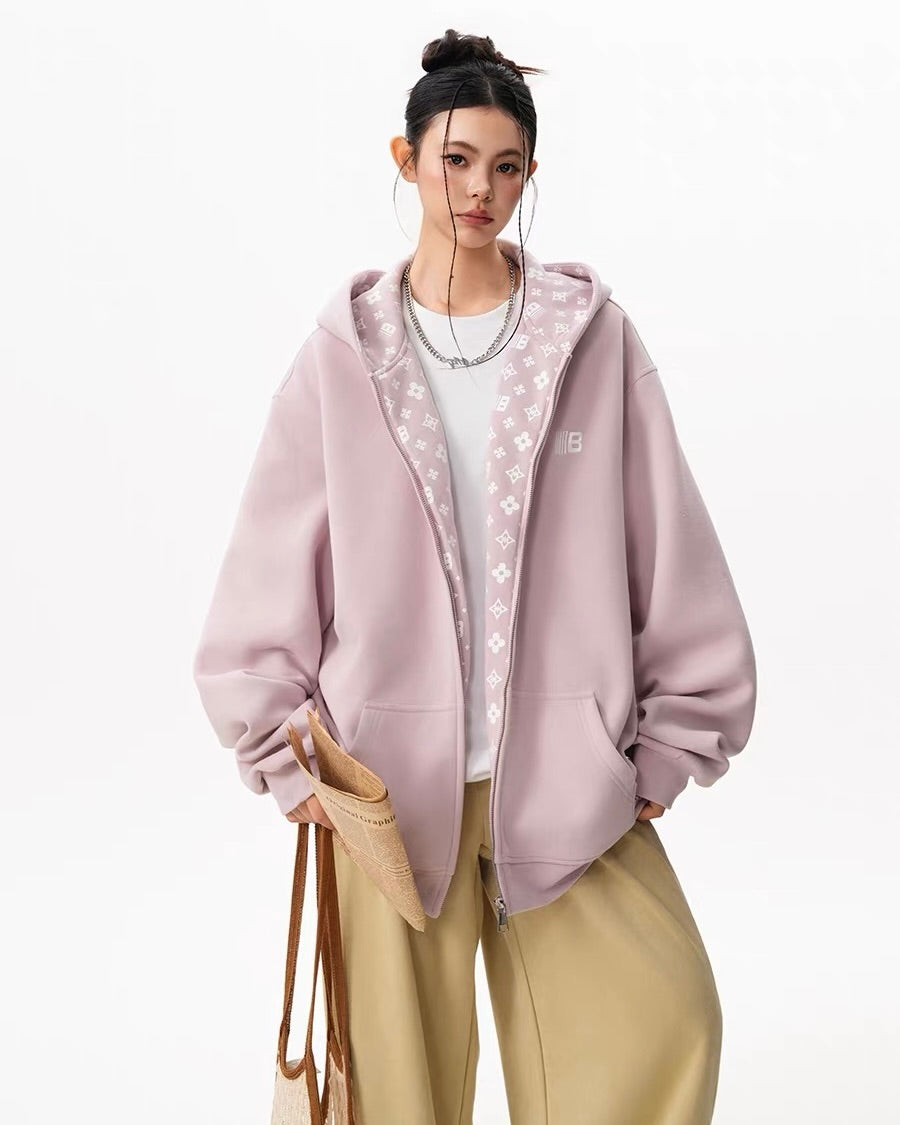 Oversized Pattern-Lined Zip Hoodie