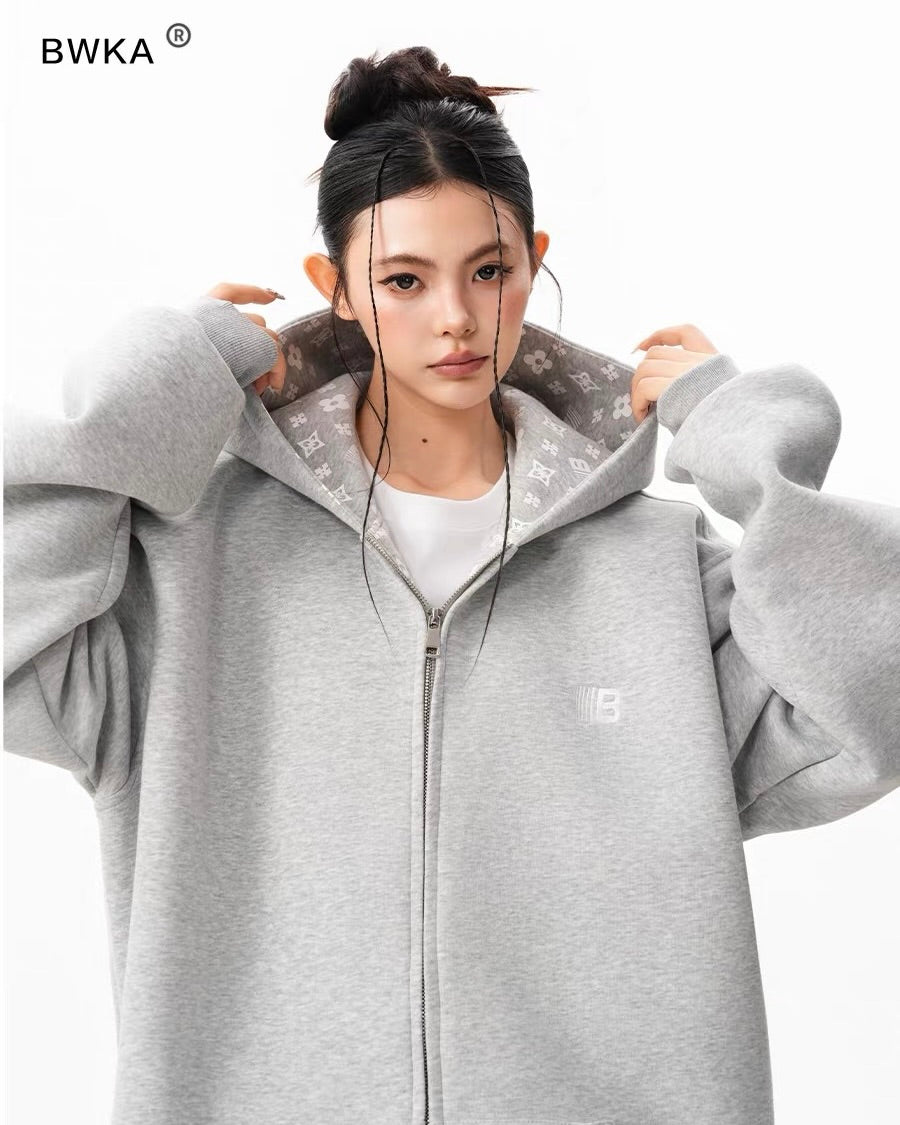 Oversized Pattern-Lined Zip Hoodie