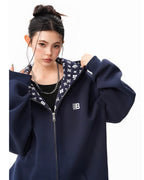 Oversized Pattern-Lined Zip Hoodie
