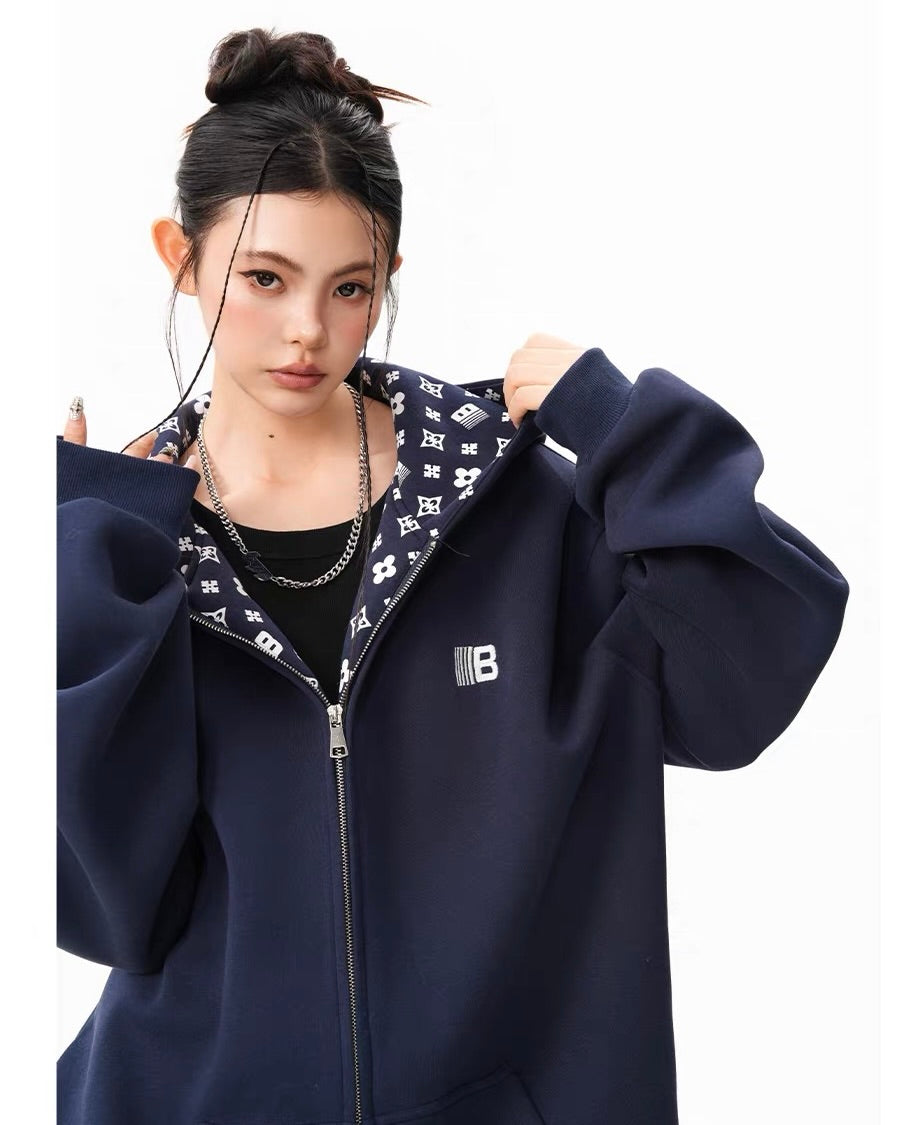 Oversized Pattern-Lined Zip Hoodie