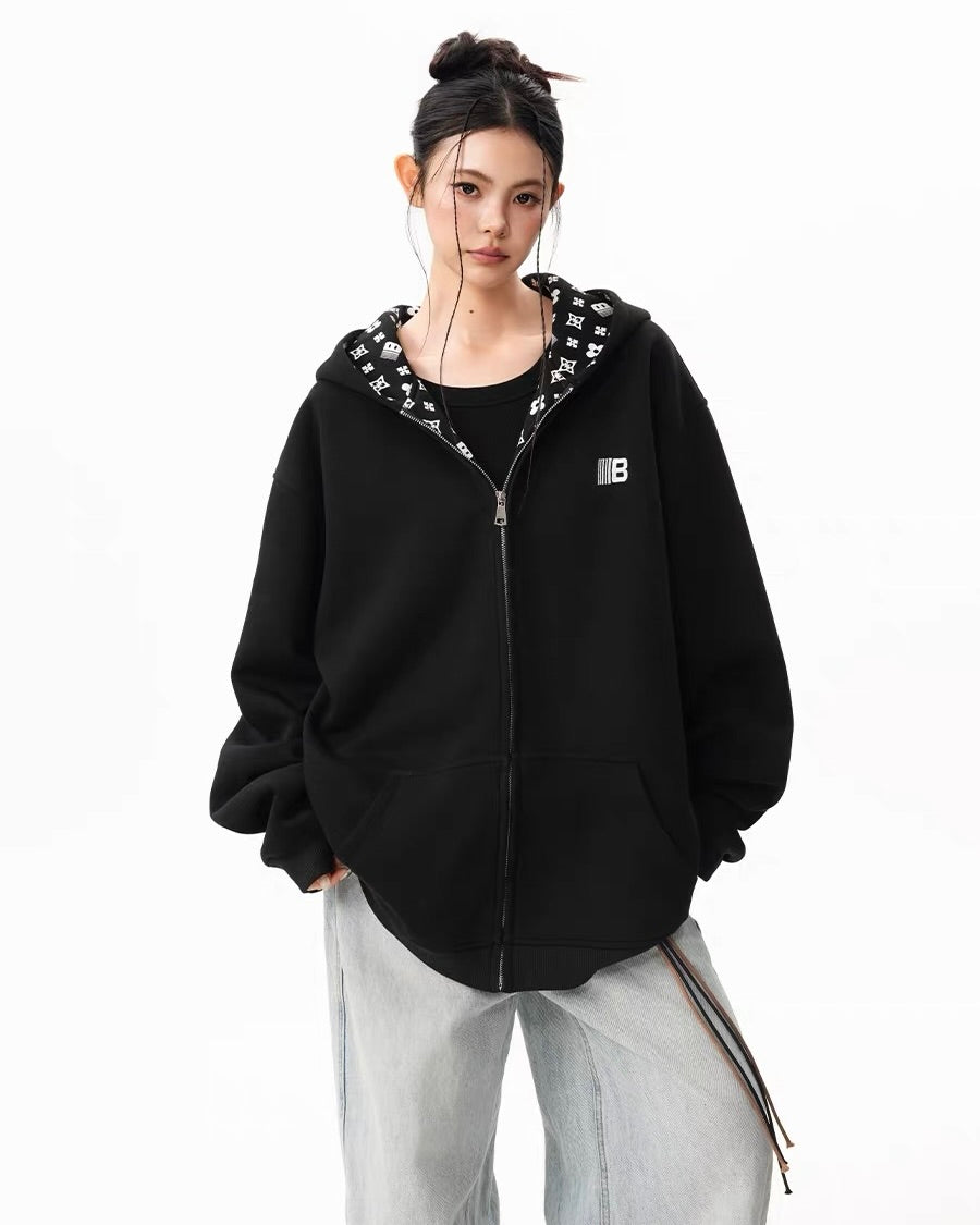 Oversized Pattern-Lined Zip Hoodie