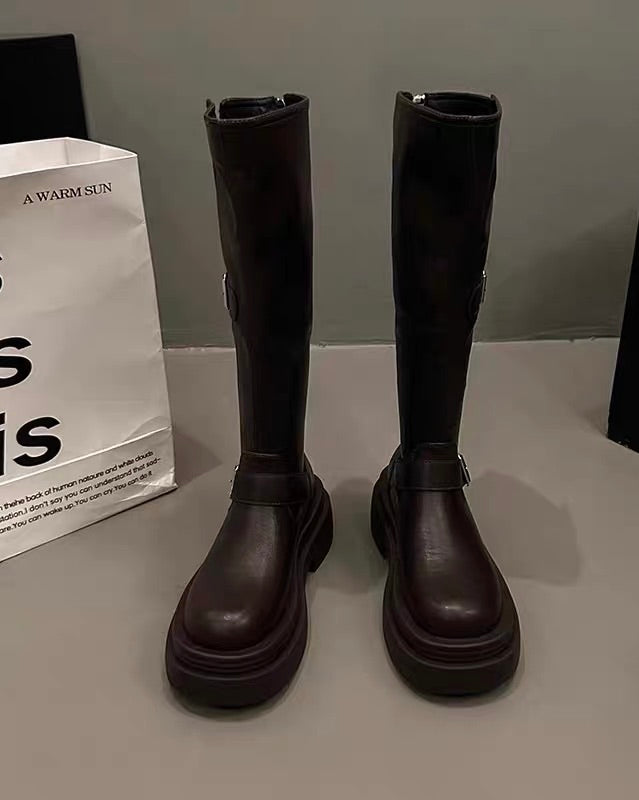 Vintage Buckle Platform Knee Boots