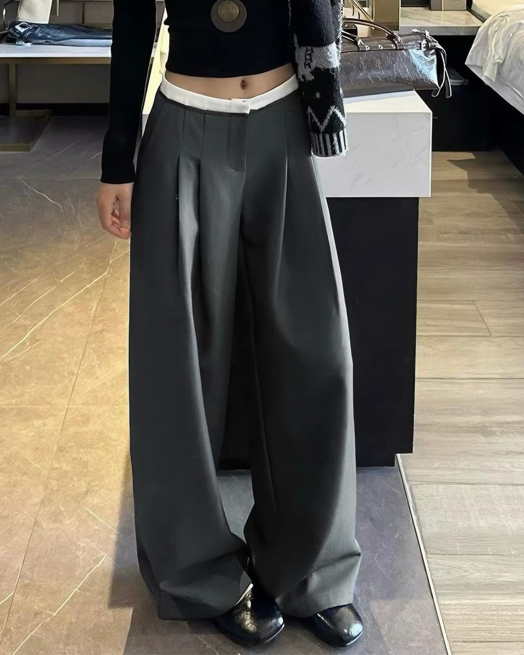 Contrast Waist Wide Leg Pants