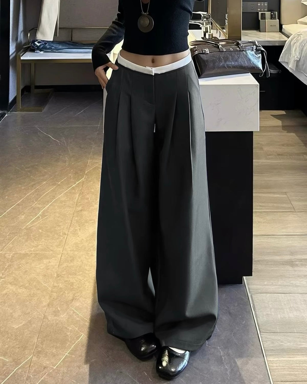 Contrast Waist Wide Leg Pants