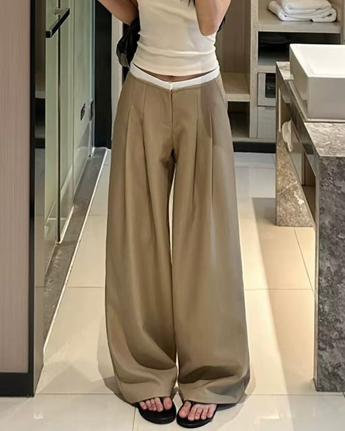 Contrast Waist Wide Leg Pants