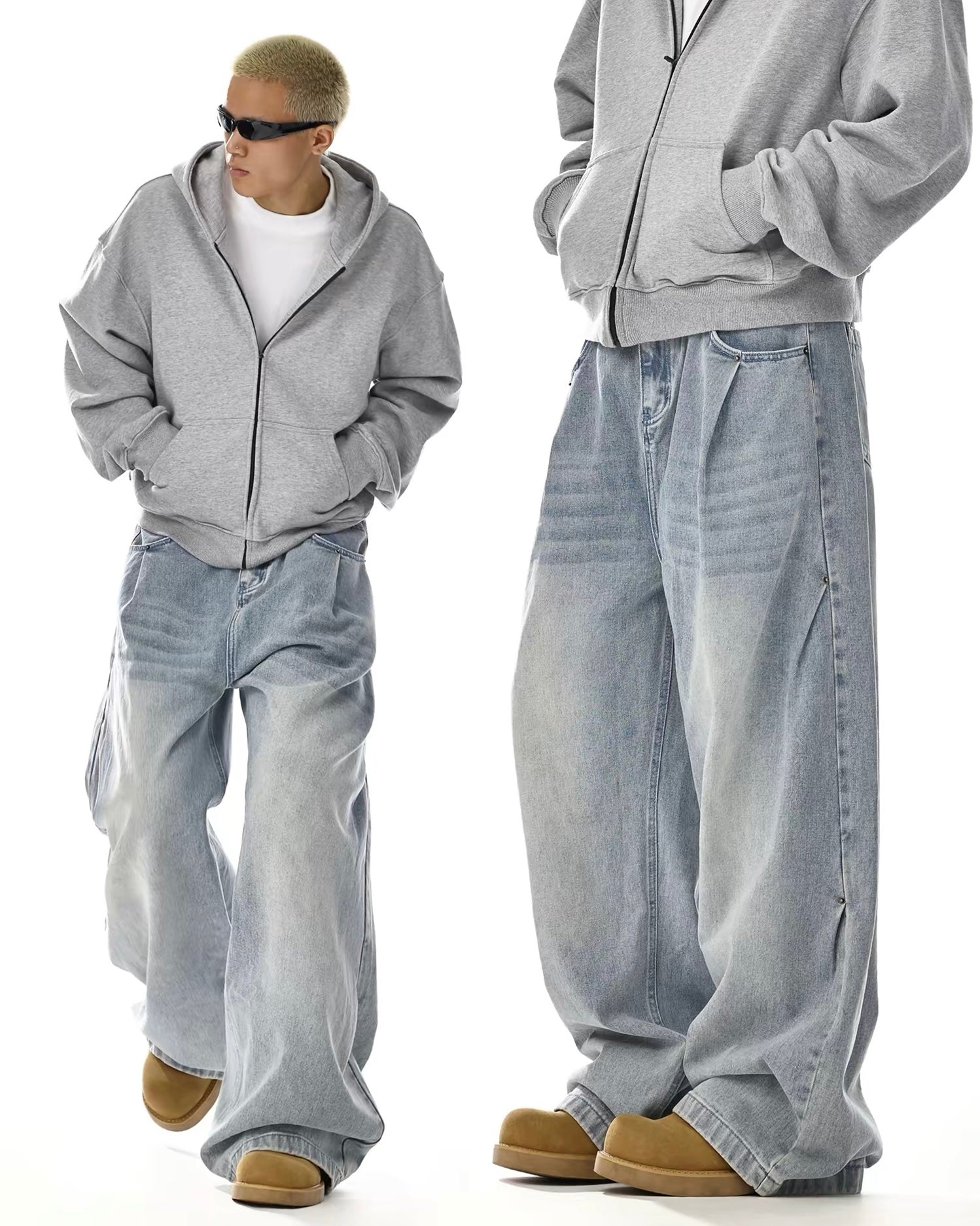 Light Wash Panel Wide Leg Jeans