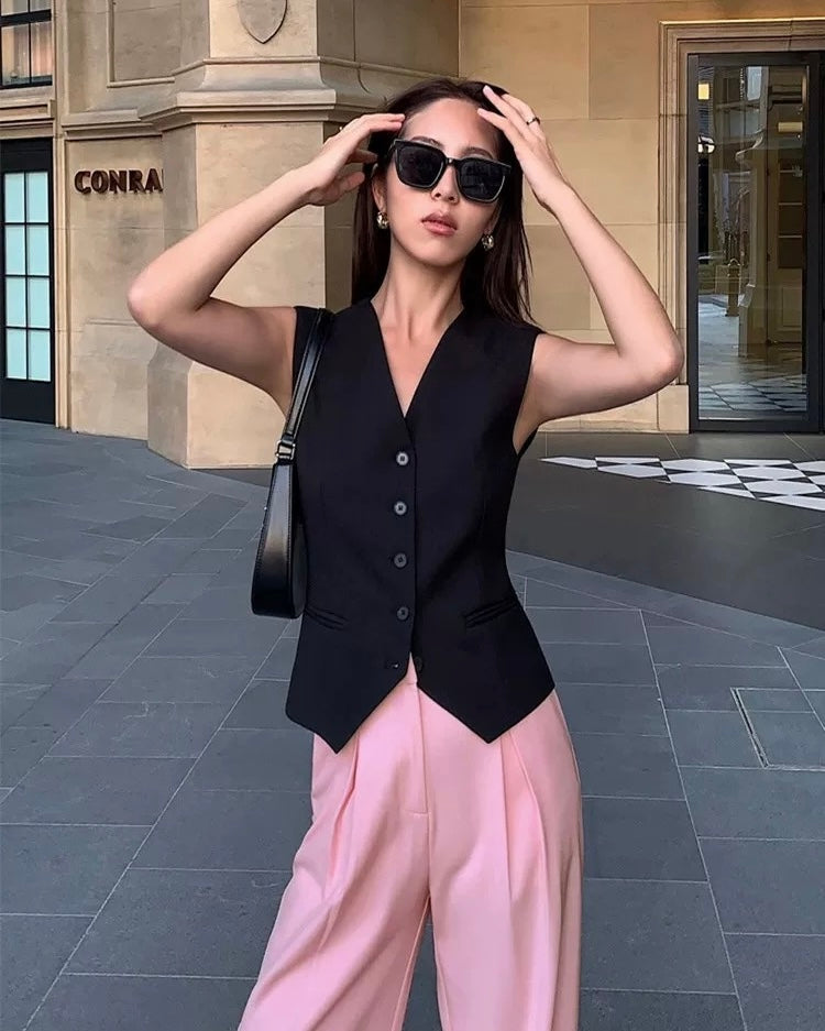 Tailored V-Neck Button Vest