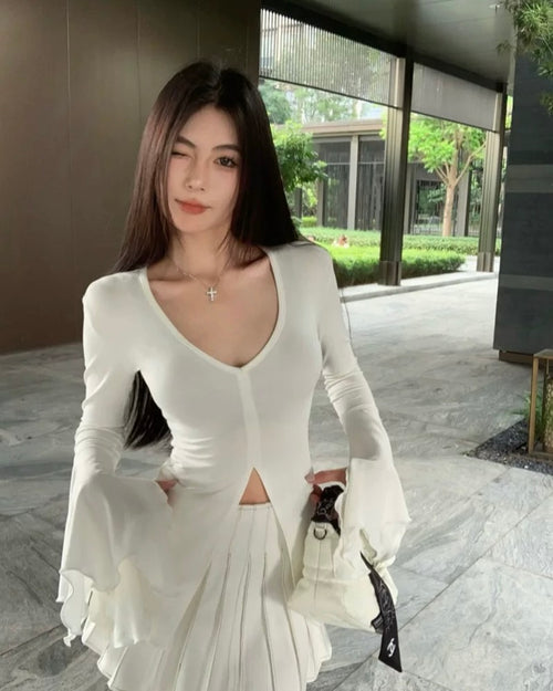 Deep V-Neck Flared Sleeve Top