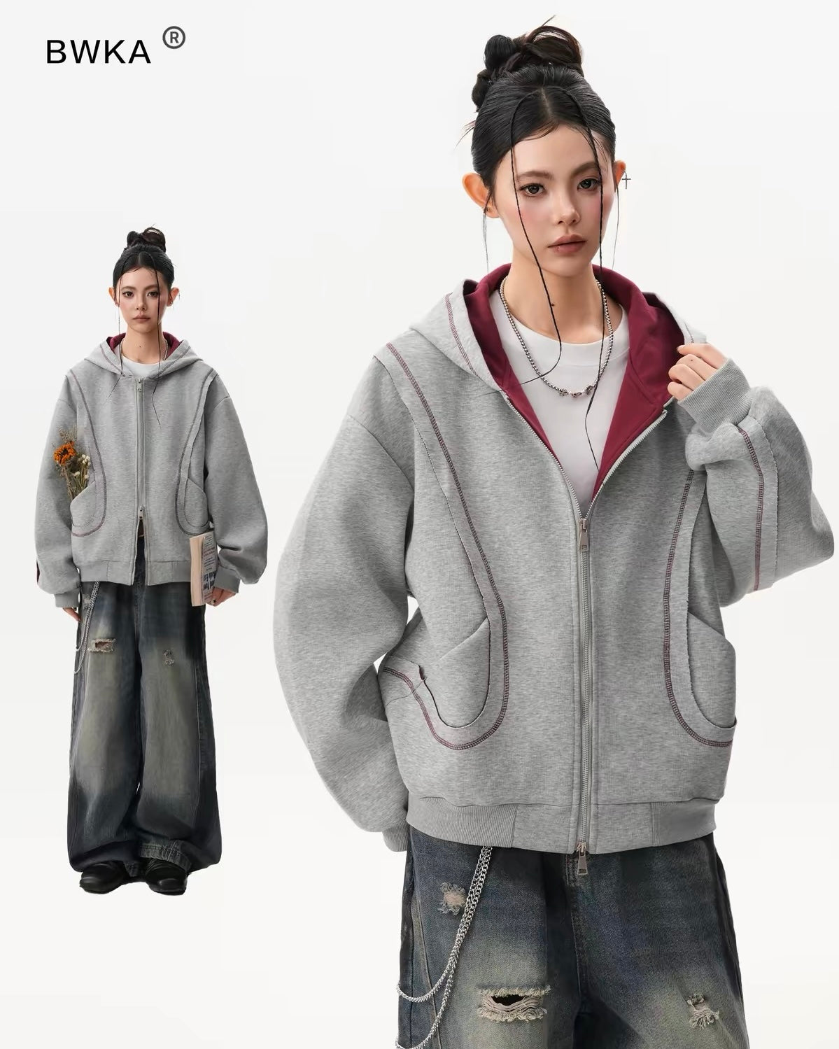 Contrast Stitch Oversized Zip Hoodie