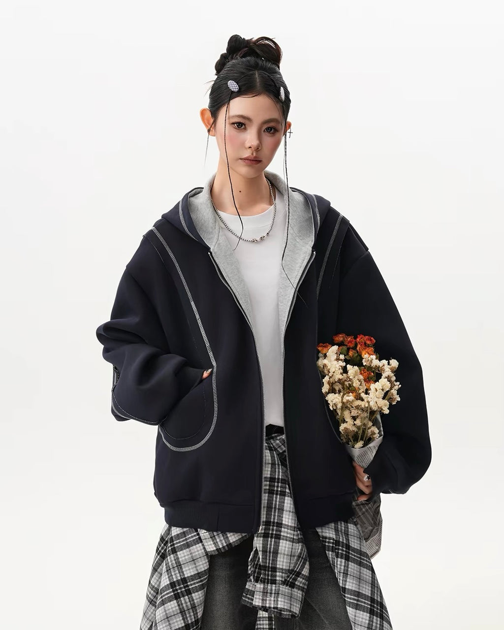 Contrast Stitch Oversized Zip Hoodie