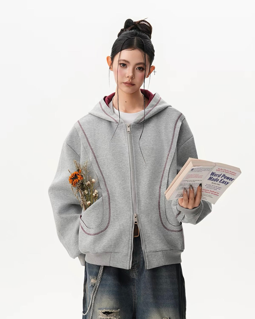 Contrast Stitch Oversized Zip Hoodie