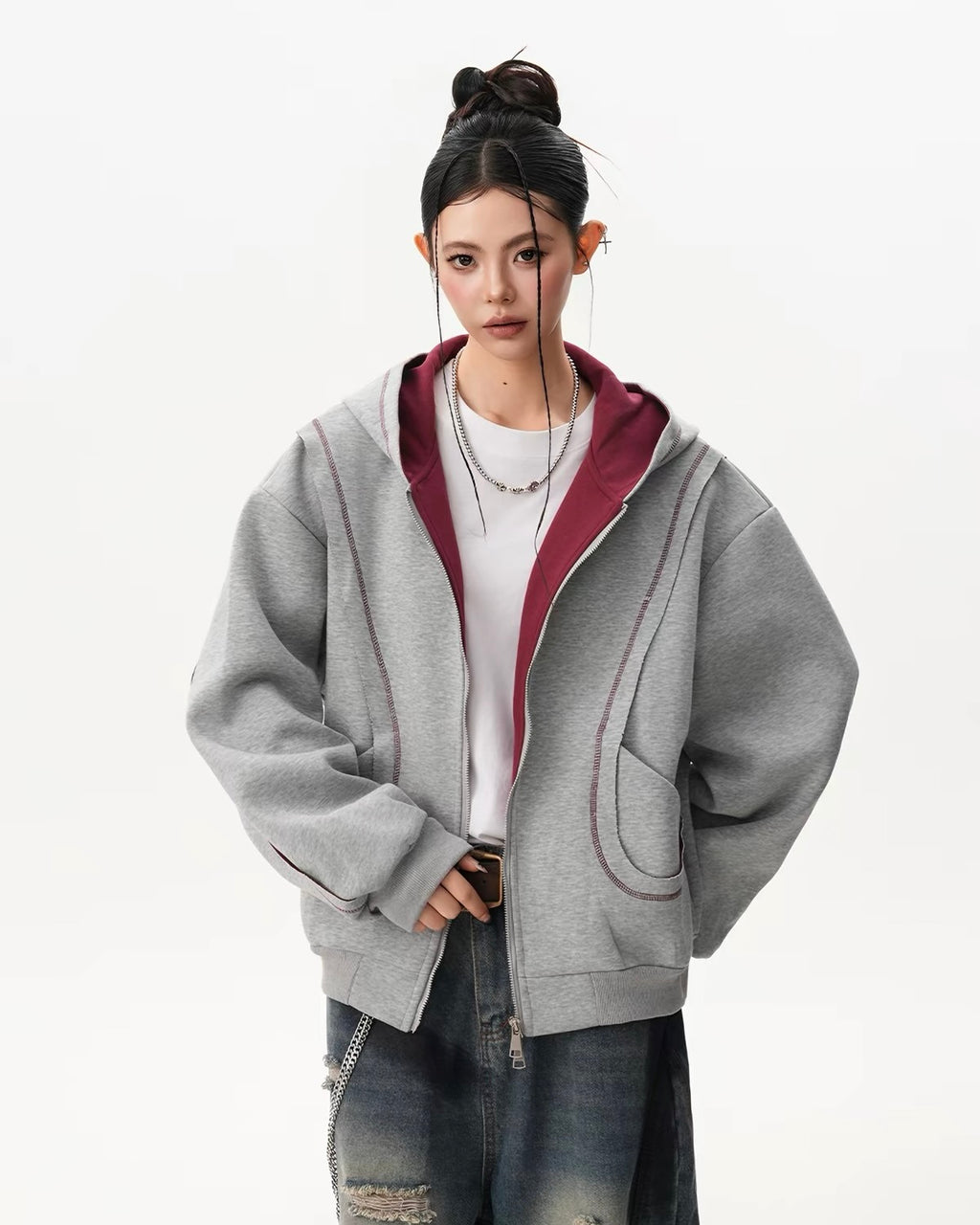 Contrast Stitch Oversized Zip Hoodie