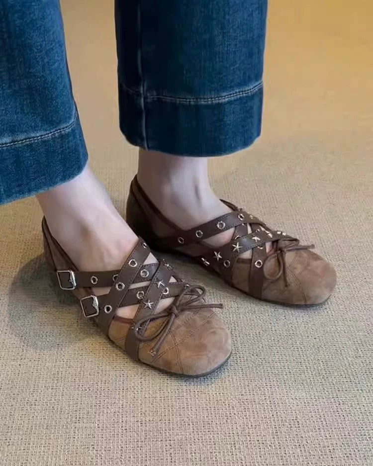 Star Studded Cross-Strap Ballet Flats