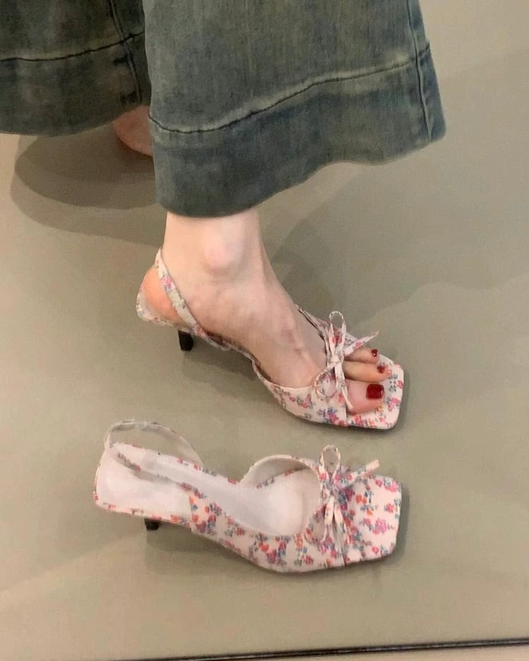 Bow-Tie Square Toe Slingback Heels