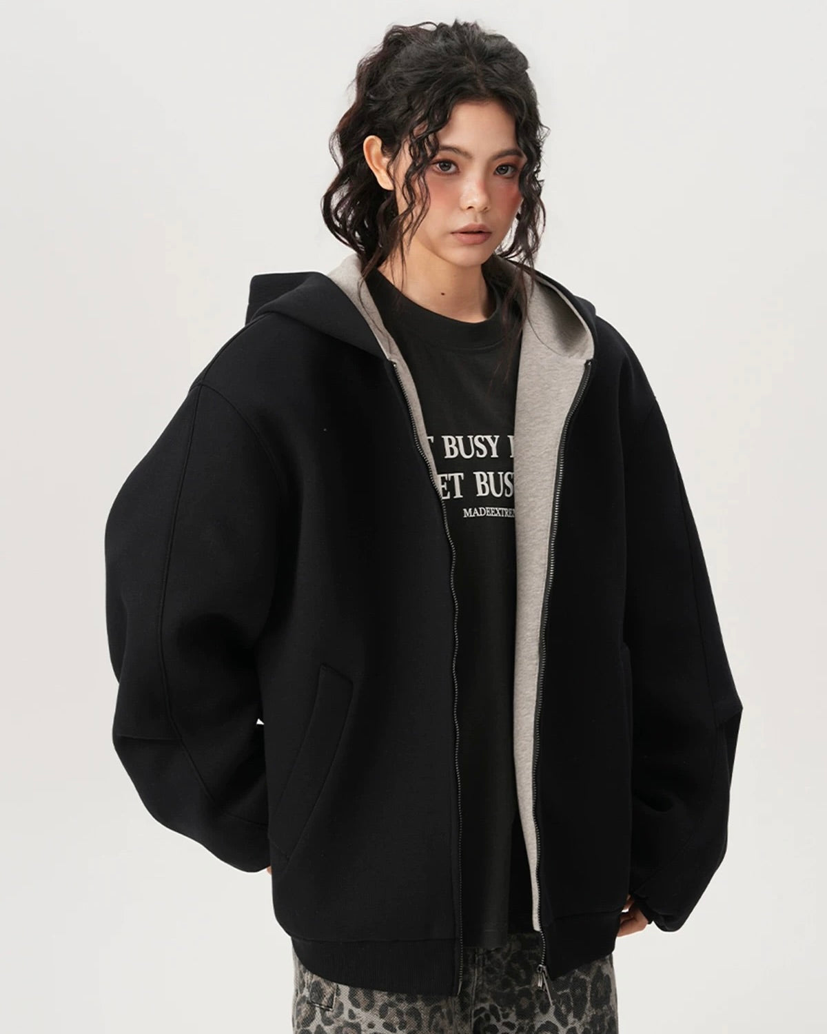 Oversized Zip-Up Hoodie — Contrast Hood