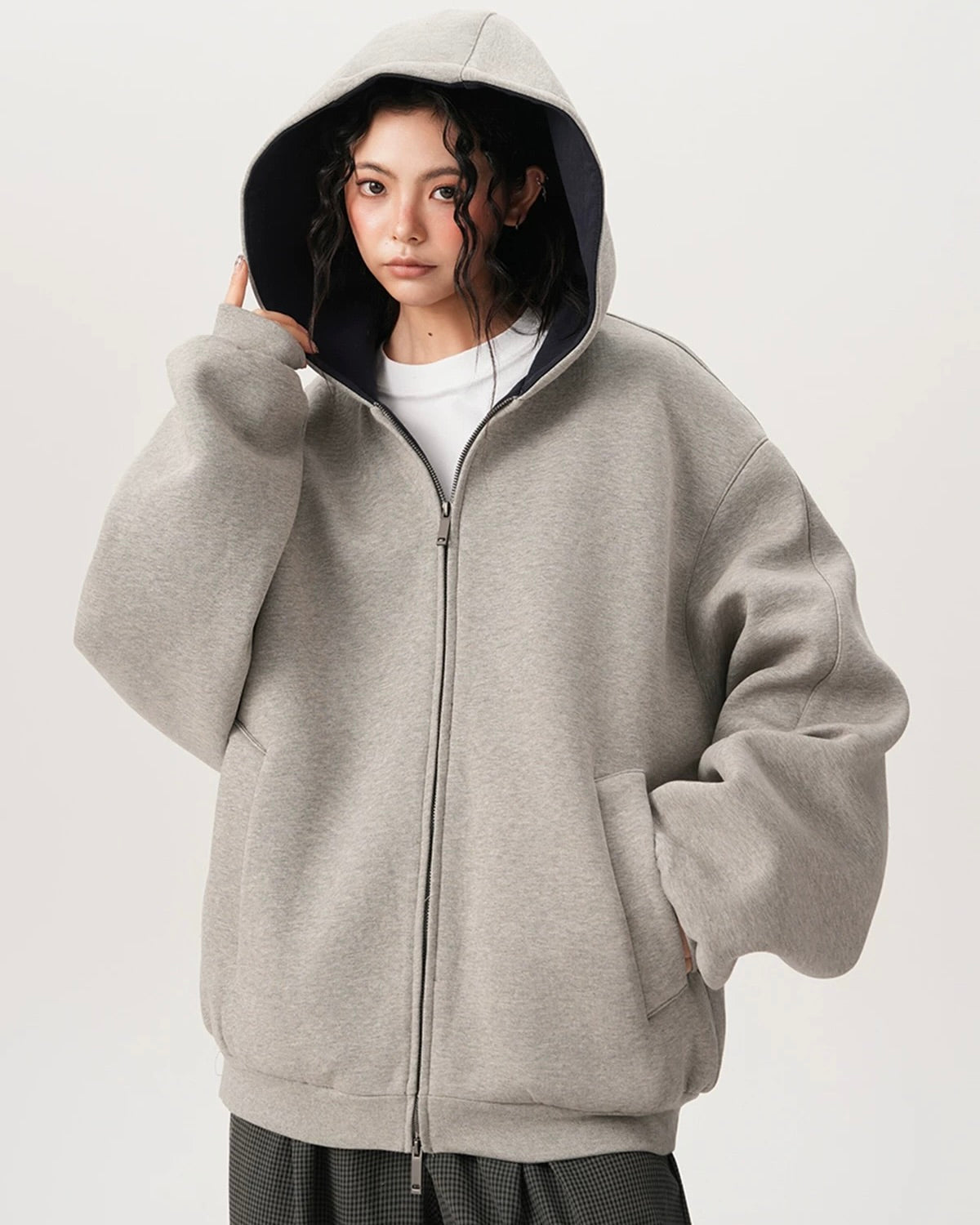 Oversized Zip-Up Hoodie — Contrast Hood