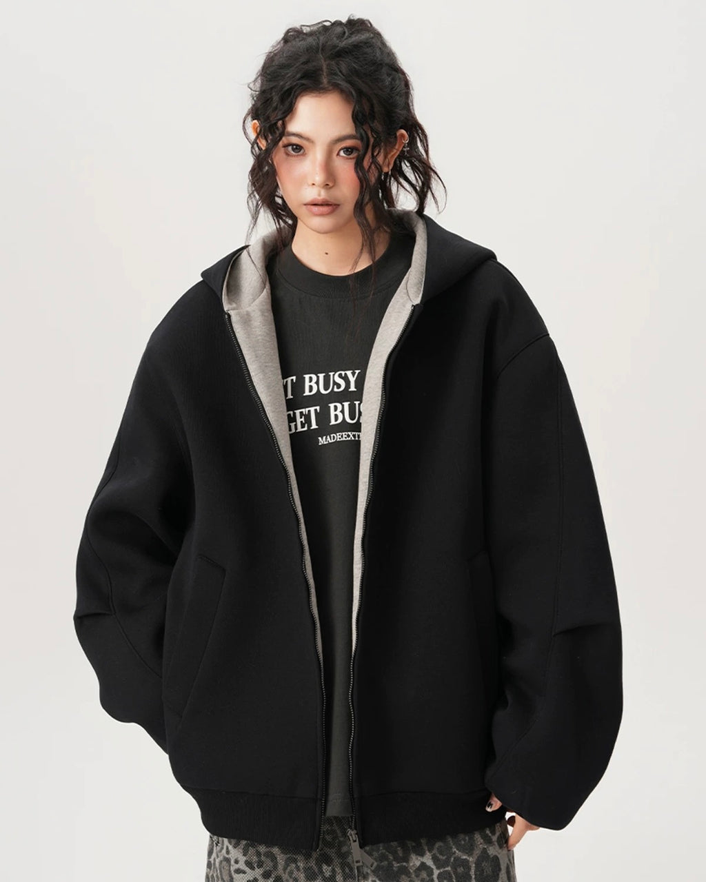 Oversized Zip-Up Hoodie — Contrast Hood