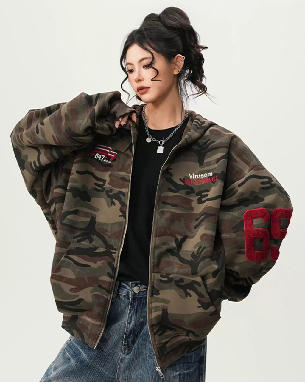 Camo Oversized Zip-Up Hoodie