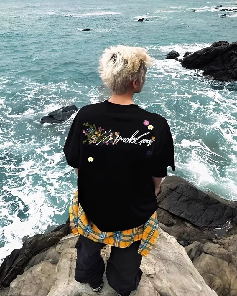 Floral Script Back Print Oversized T-Shirt