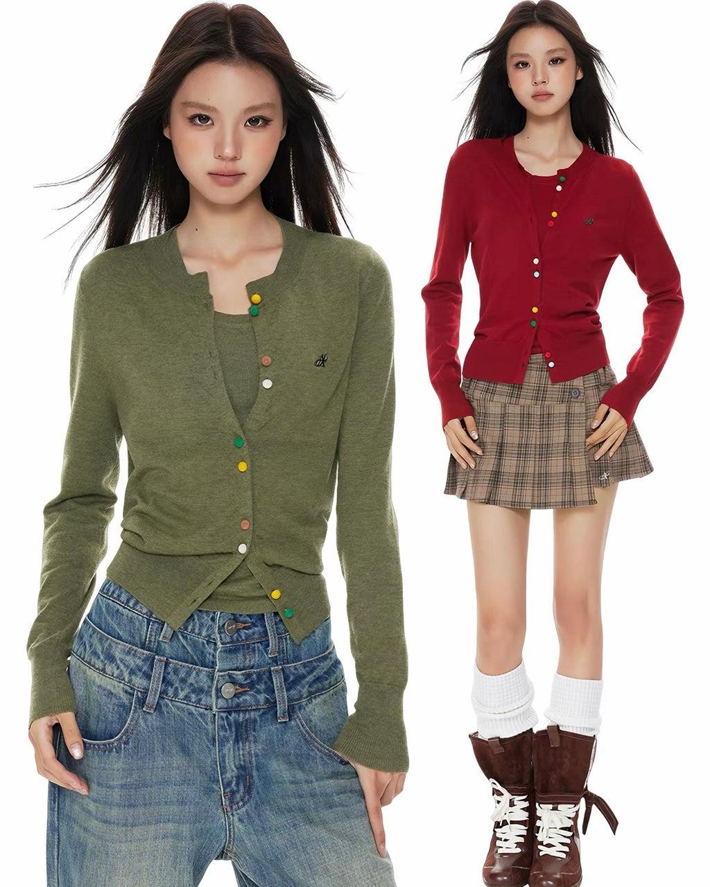 Color Button Cardigan Set