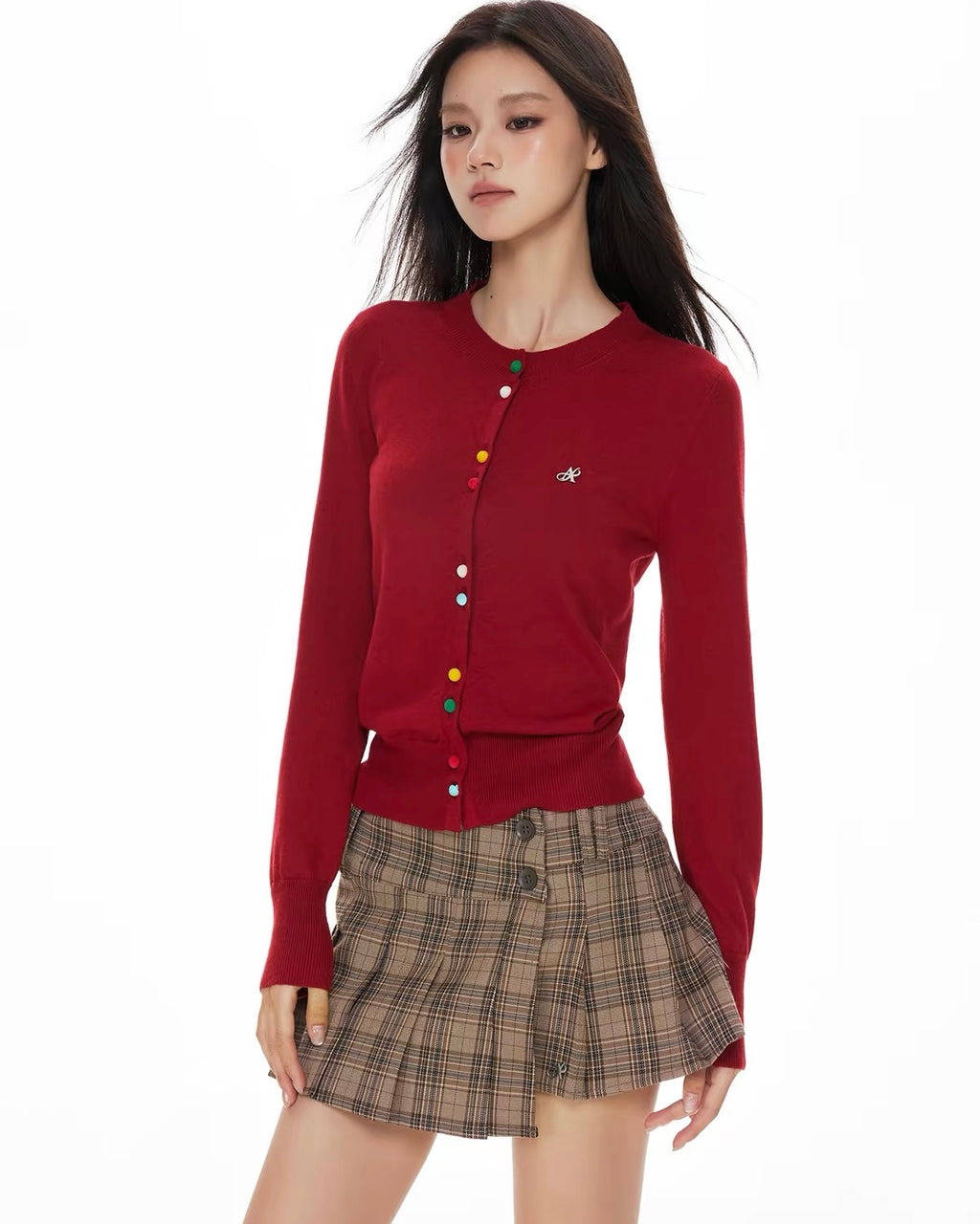 Color Button Cardigan Set
