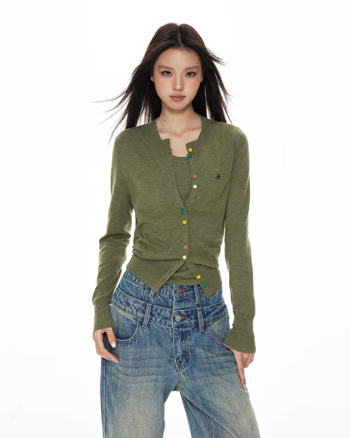 Color Button Cardigan Set