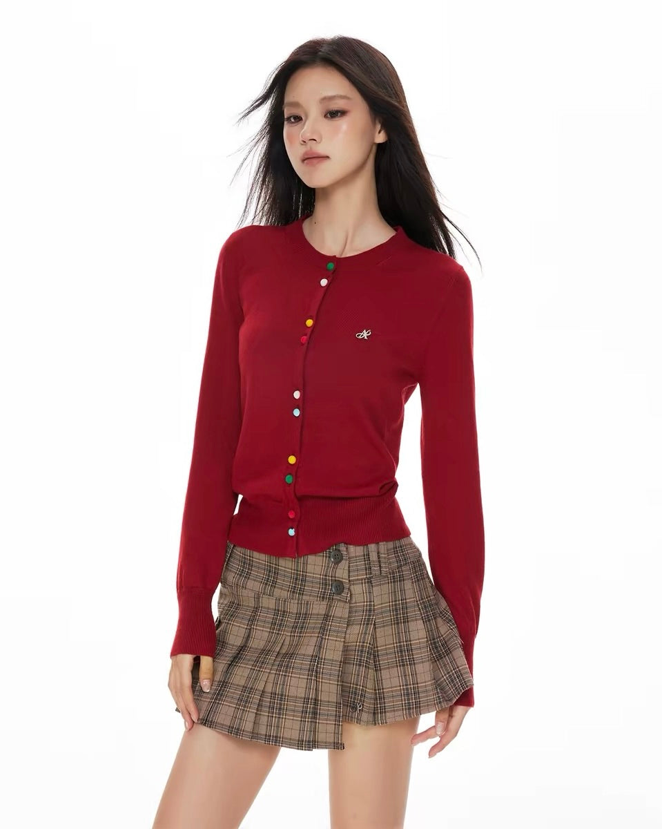 Color Button Cardigan Set