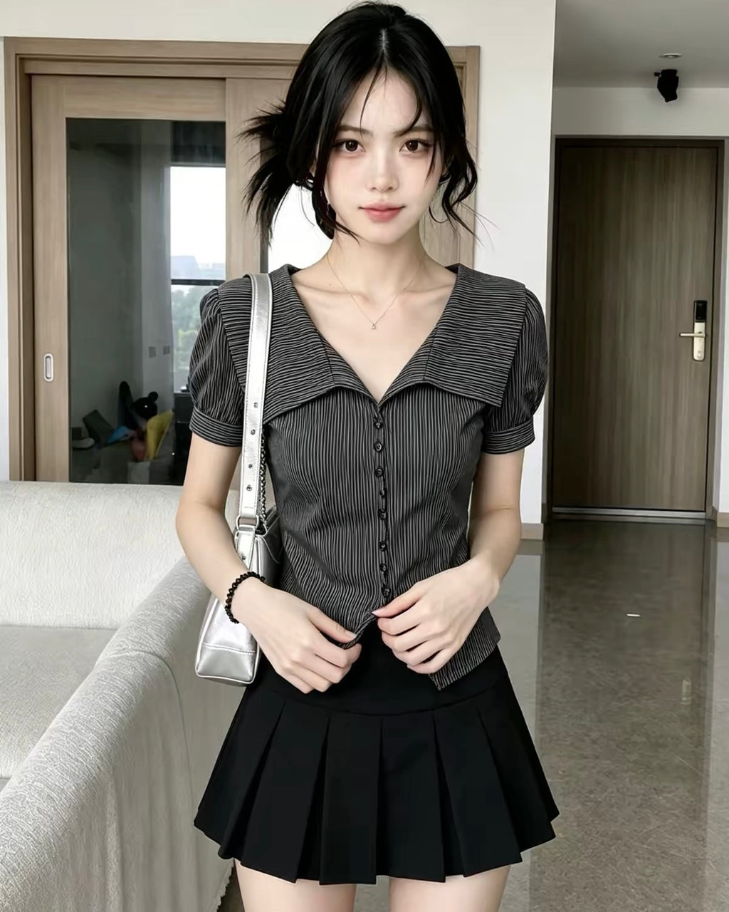 Pleated Sailor Collar Blouse