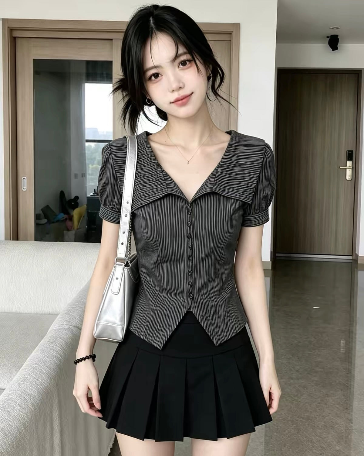 Pleated Sailor Collar Blouse