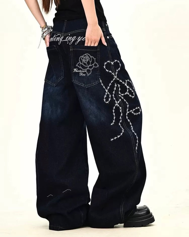 Grunge Embroidery Baggy Jeans