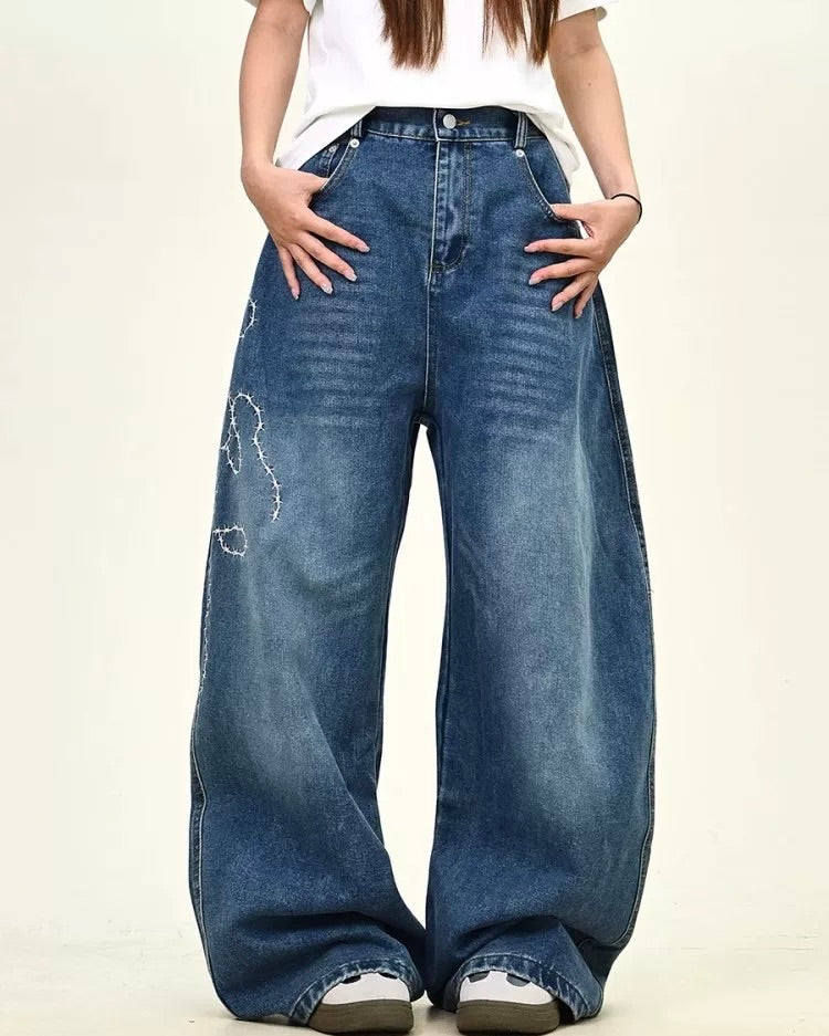 Grunge Embroidery Baggy Jeans