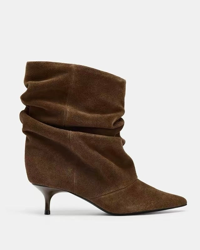 Draped Pointed-Toe Kitten Heel Boots