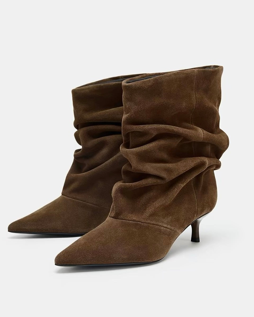 Draped Pointed-Toe Kitten Heel Boots