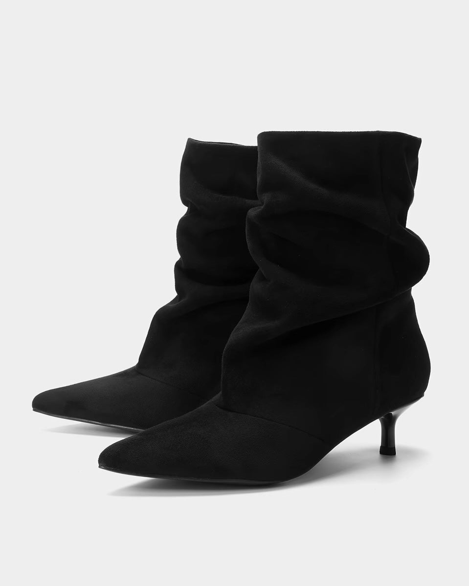Draped Pointed-Toe Kitten Heel Boots