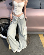 Lace Detail Cargo Jeans + Babydoll Top combo 🤍