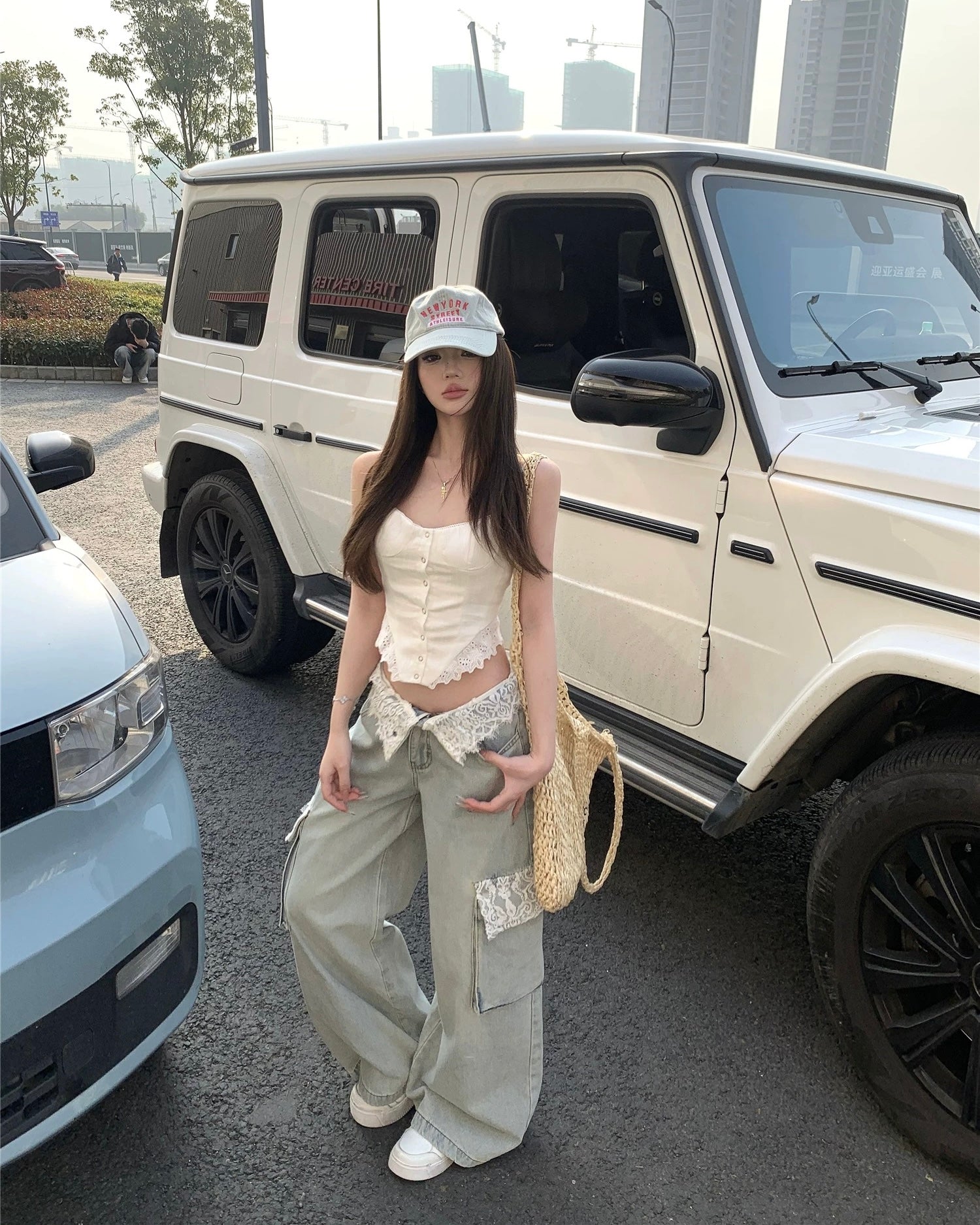 Lace Detail Cargo Jeans + Babydoll Top combo 🤍