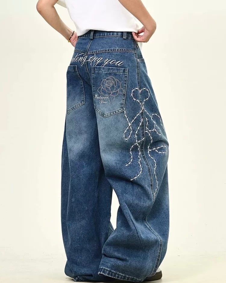 Grunge Embroidery Baggy Jeans