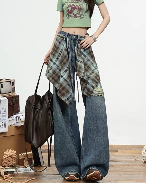 Wide-Leg Plaid Detail Jeans