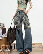 Wide-Leg Plaid Detail Jeans