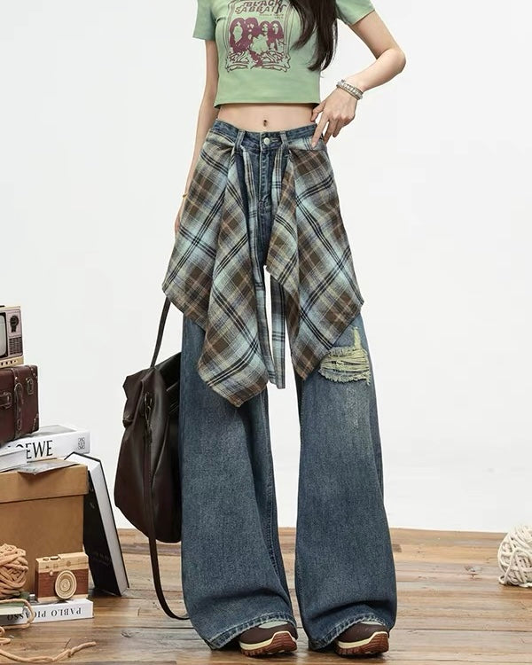 Wide-Leg Plaid Detail Jeans