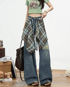 Wide-Leg Plaid Detail Jeans
