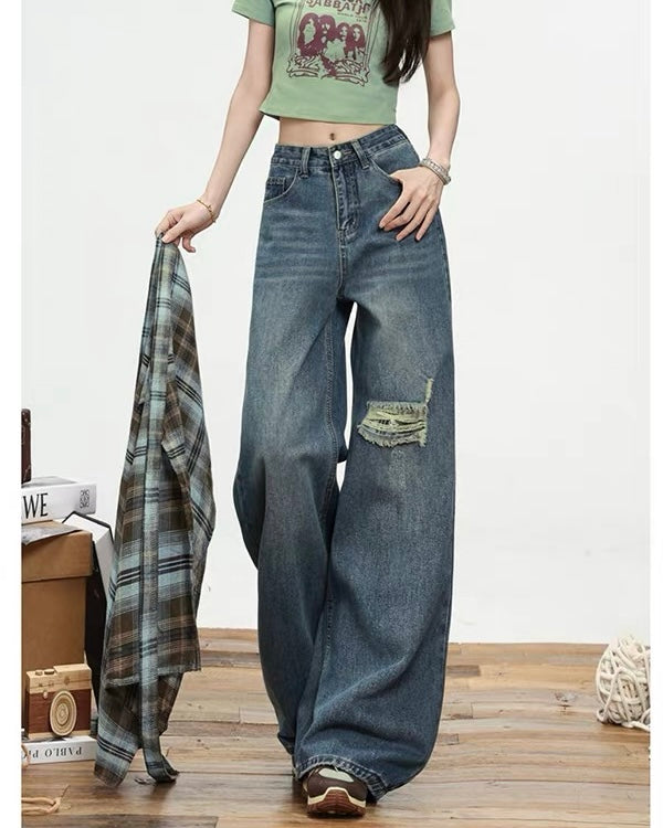 Wide-Leg Plaid Detail Jeans