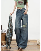 Wide-Leg Plaid Detail Jeans