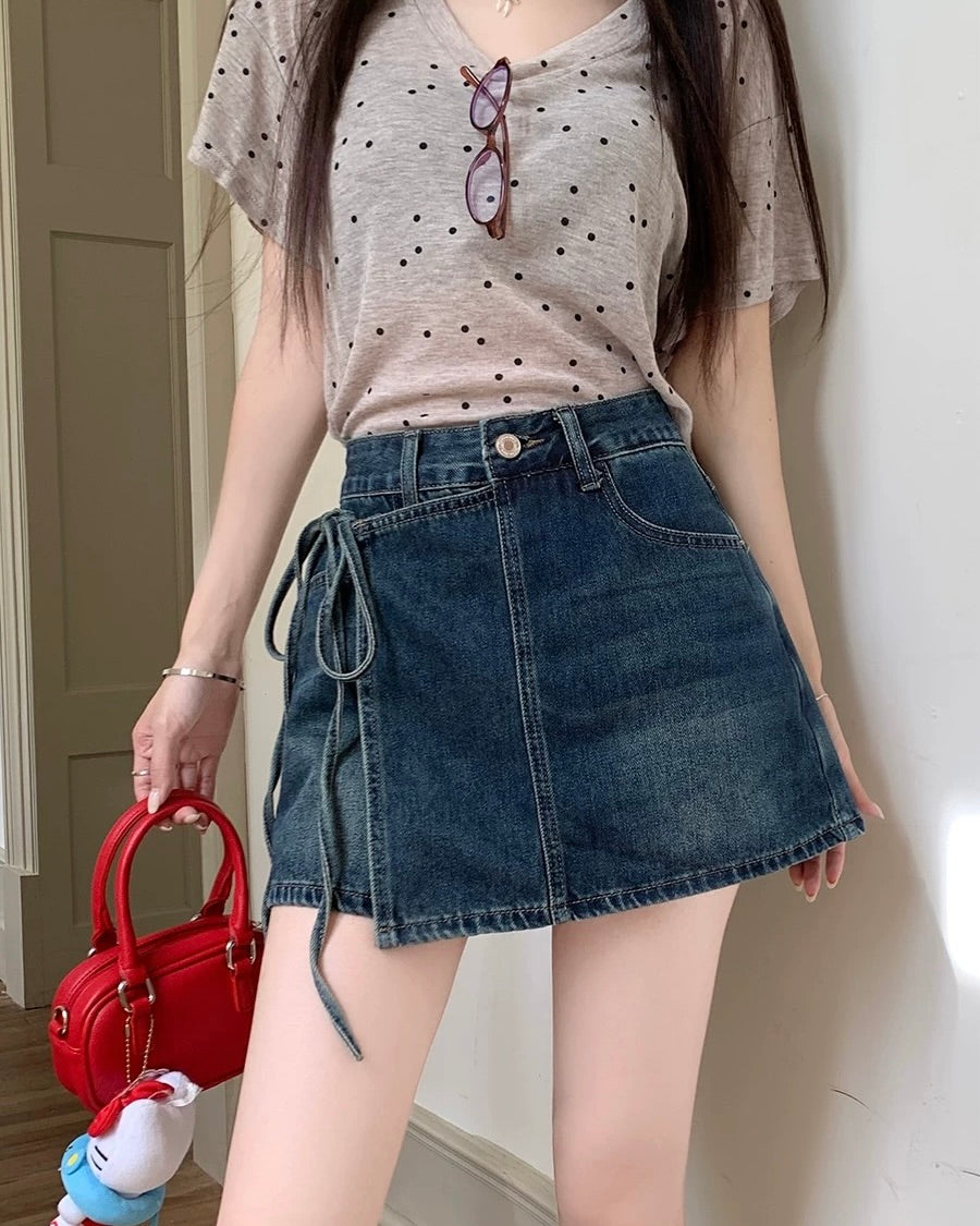 🎀 Ribbon wrap denim skort