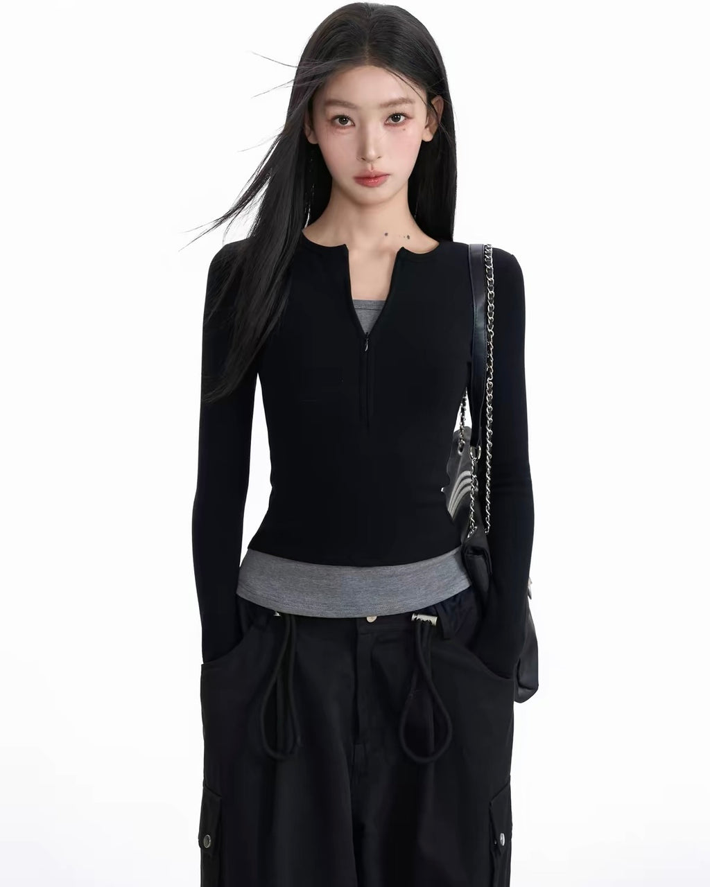 Fitted Zip-Up Long-Sleeve Top