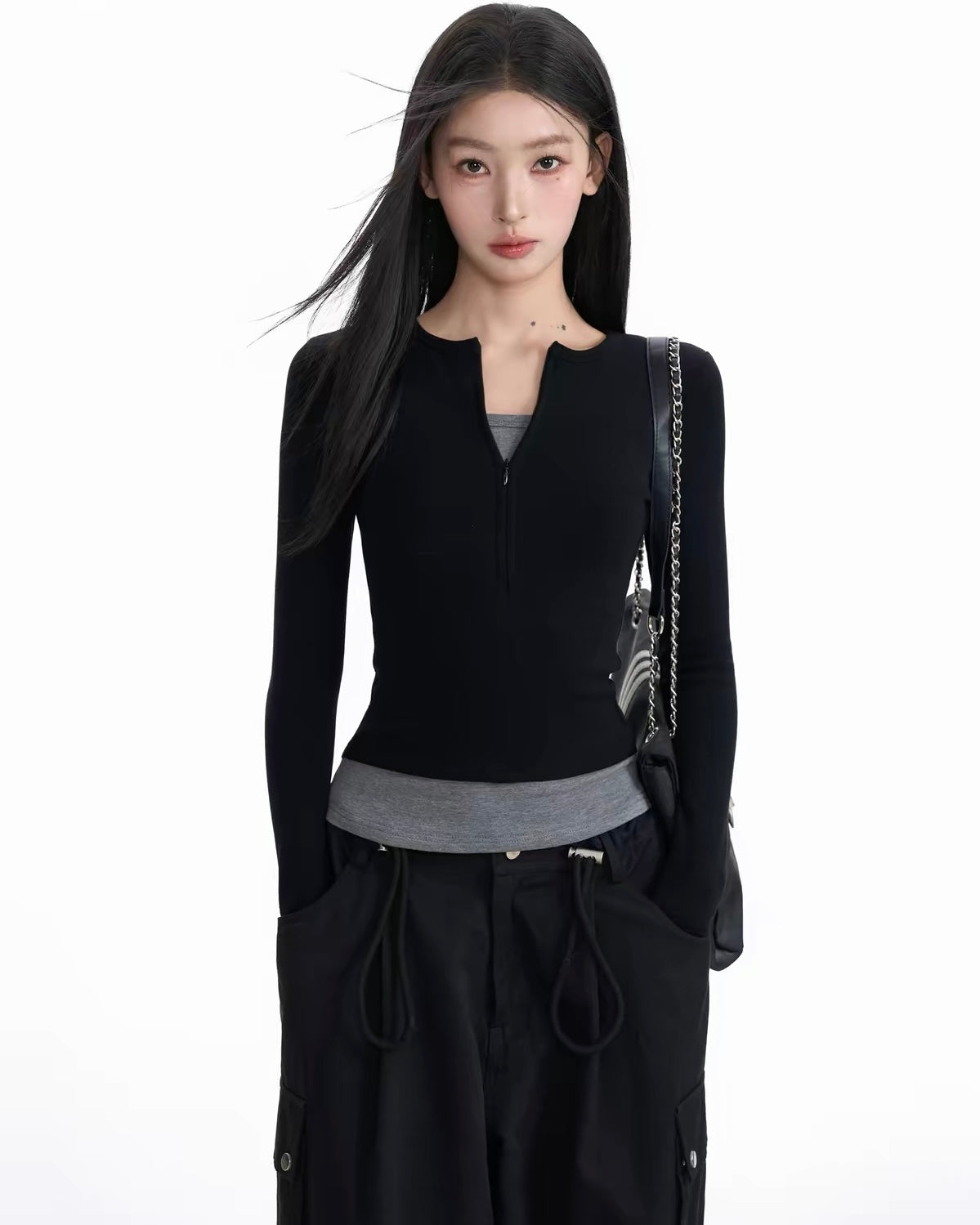Fitted Zip-Up Long-Sleeve Top