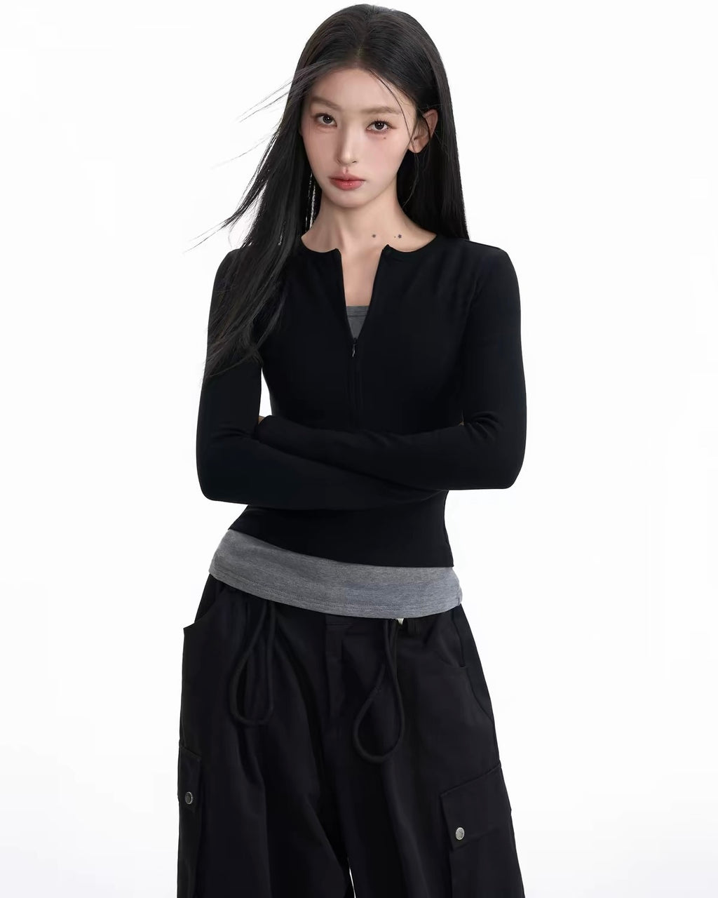 Fitted Zip-Up Long-Sleeve Top